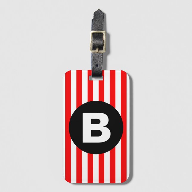 Etiqueta De Bagagem Red White Vertical Stripes Black Monogram (Frente Vertical)