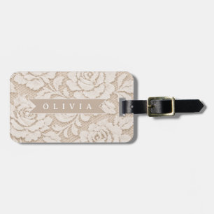 Etiqueta De Bagagem Renda de Marfim Personalizada Elegante Vintage Nup