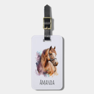 Etiqueta De Bagagem Retrato da cabeça de cavalo marrom em aquarela