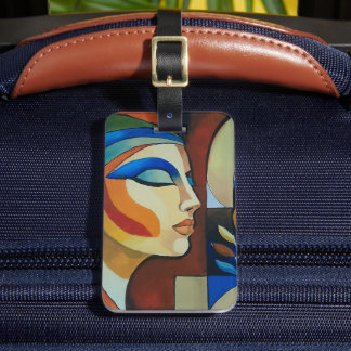 Etiqueta De Bagagem Retrato de Mulher Cubista Abstrata Colorida Acríli