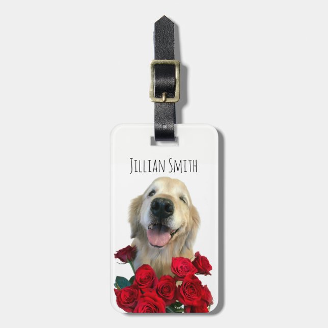Etiqueta De Bagagem Retriever Ouro Winking Com Rosas Personalizados (Frente Vertical)