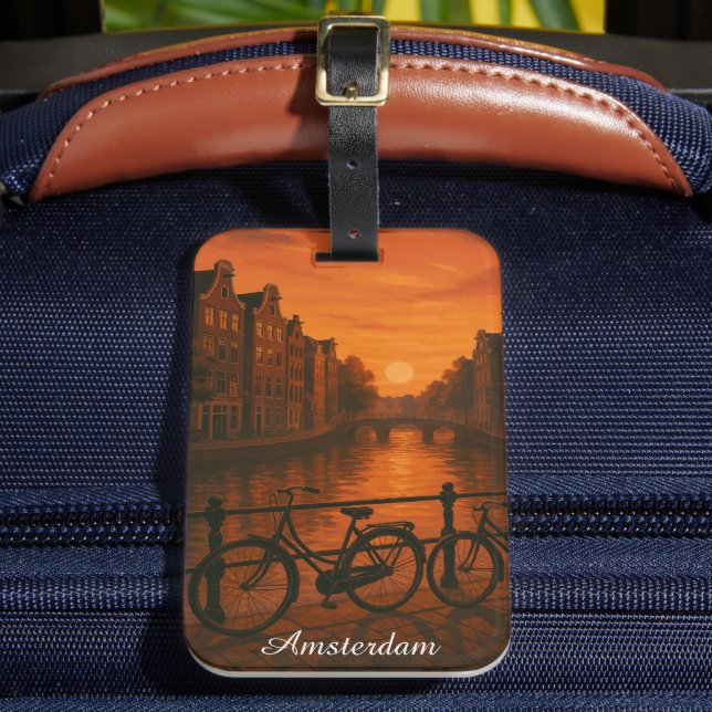 Etiqueta De Bagagem Retro Amsterdam Netherlands Grachten Sunset Glow (Frente Insitu 2)