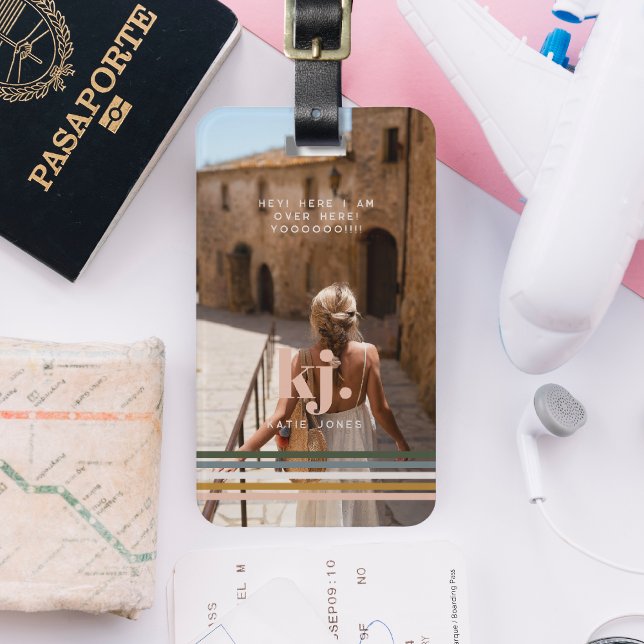 Etiqueta De Bagagem Retro Chic Stripes Monograma e Foto (Criador carregado)