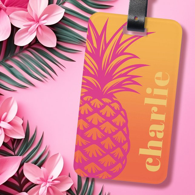 Etiqueta De Bagagem Retrô de gradiente amarelo alaranjado-abacaxi rosa (Hot pink pineapple orange yellow gradient retro luggage tag)