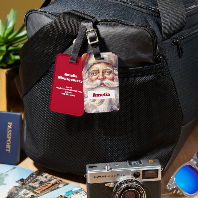 Etiqueta De Bagagem Retro Papai Noel num Natal Red Hat (Frente e verso)