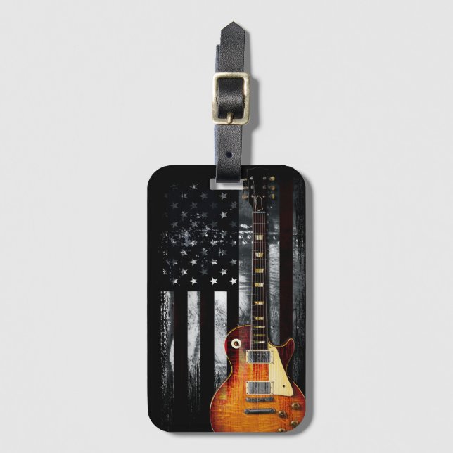 Etiqueta De Bagagem Retro Rock N Roll American Flag Guitar (Frente Vertical)