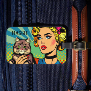 Etiqueta De Bagagem Retro Senhora e Gato Personalizado