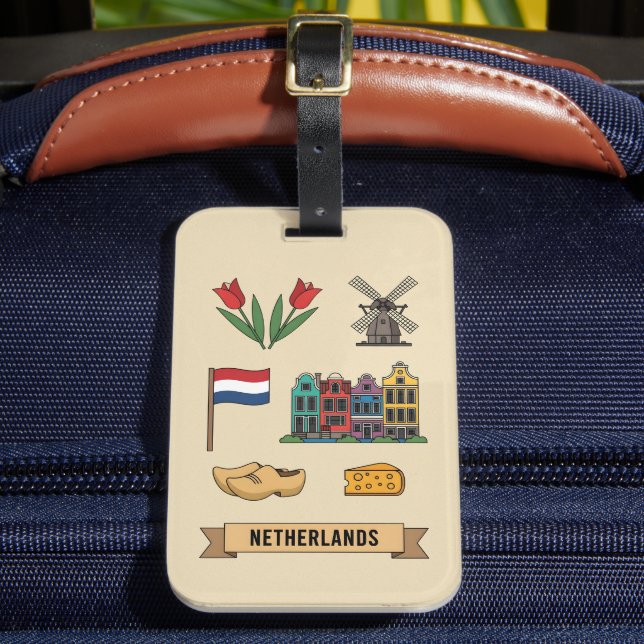 Etiqueta De Bagagem Retro Travel Netherlands Iconic Cultural Symbols (Frente Insitu 2)