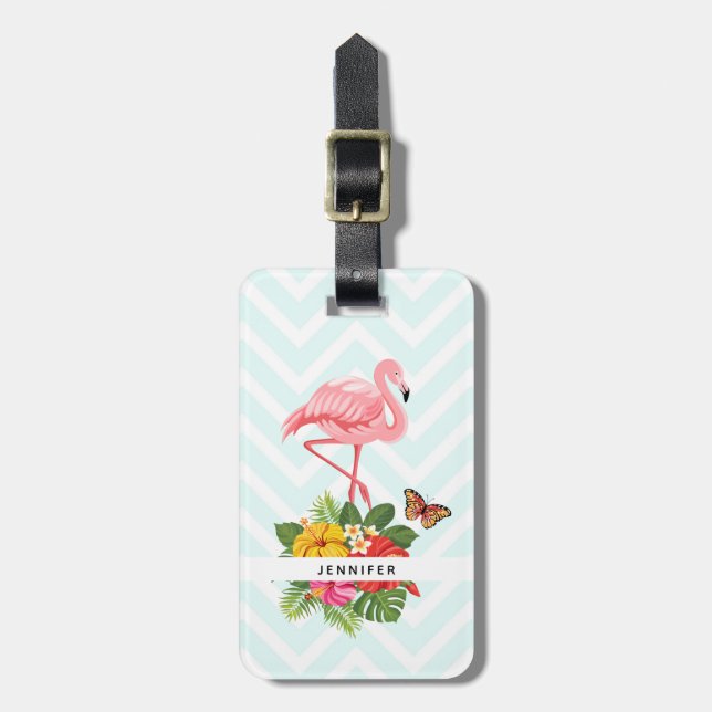 Etiqueta De Bagagem Rico rosa Flamingo e Hibiscus Tropical (Frente Vertical)
