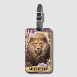 Etiqueta De Bagagem Romântica Leão e Rosas Roxos Fantasia