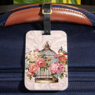 Etiqueta De Bagagem Romântico Cage de Pássaros Floral Aquarela Vintage