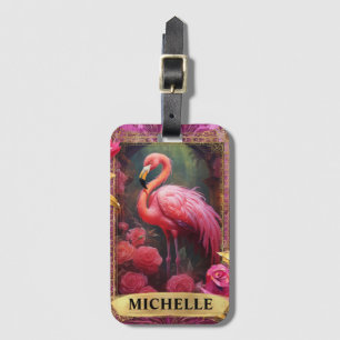 Etiqueta De Bagagem Romântico Flamingo e Rosas Fuchsia