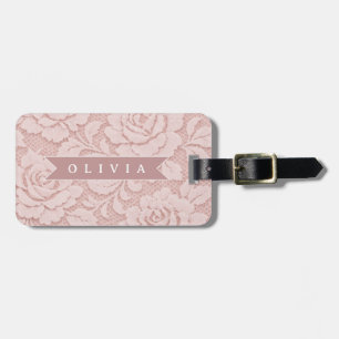 Etiqueta De Bagagem Rosa Bege Personalizado com Renda Floral Romântica