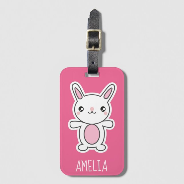 Etiqueta De Bagagem Rosa bonito do coelho de Chibi personalizado (Frente Vertical)