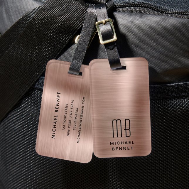 Etiqueta De Bagagem Rosa de Monograma Elegante Dourado (Elegant Monogram Rose Gold Luggage Tag)