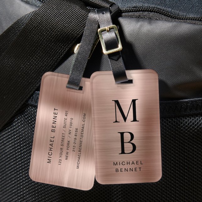 Etiqueta De Bagagem Rosa de Monograma Elegante Dourado (Elegant Monogram Rose Gold Luggage Tag)