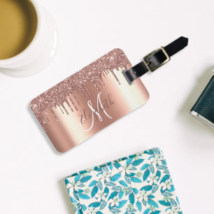 Etiqueta De Bagagem Rosa Dourado Drives Glitter Metal Monograma Bagage