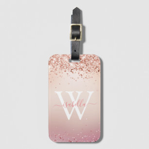 Etiqueta De Bagagem Rosa Dourado Glitter Elegante Nome em Script Monog
