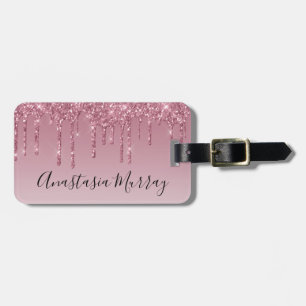 Etiqueta De Bagagem Rosa Dourado Glitter Gotejante Nome Feminino e Gla