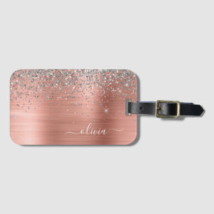 Etiqueta De Bagagem Rosa Dourado Metal Brilhante Monograma Prateado