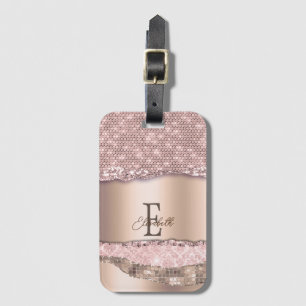 Etiqueta De Bagagem Rosa Dourado Tendência Diamantes Brilho Monograma