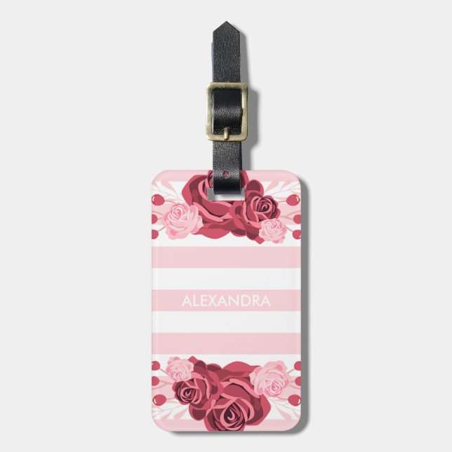 Etiqueta De Bagagem Rosa Floral Stripes (Frente Vertical)
