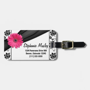 Etiqueta De Bagagem Rosa Gerbera Daisy Black White Damask Floral