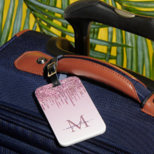 Etiqueta De Bagagem Rosa Glitter Drives Monograma Personalizado E Nome