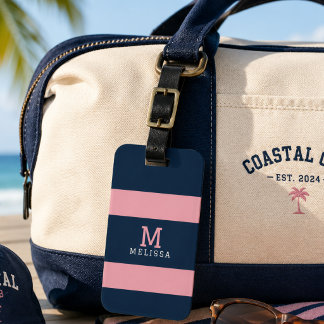 Etiqueta De Bagagem Rosa Moderno Azul Marinho Faixa Costeira Monograma