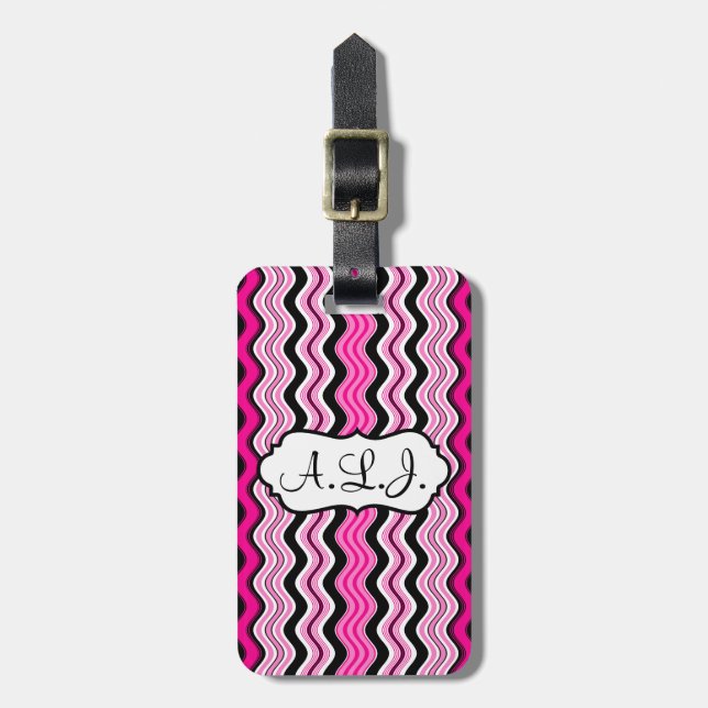Etiqueta de Bagagem rosa, preta, branca ondulada (Frente Vertical)