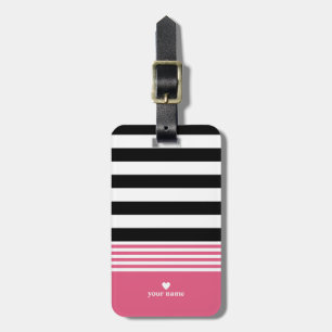 Etiqueta De Bagagem Rosa preto, branco & quente listrado personalizado