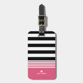 Etiqueta De Bagagem Rosa preto, branco & quente listrado personalizado