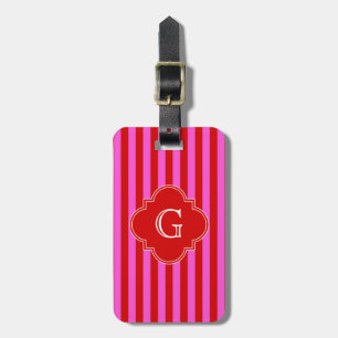 Etiqueta De Bagagem Rosa quente, listras vermelhas, monograma vermelho