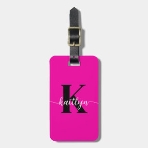 Etiqueta De Bagagem Rosa Quente Monograma Preto