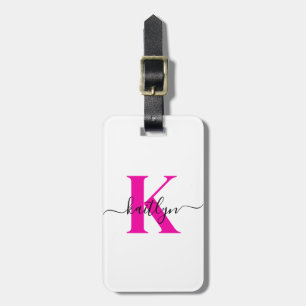 Etiqueta De Bagagem Rosa Quente Preto Inicial Nome Monogramado