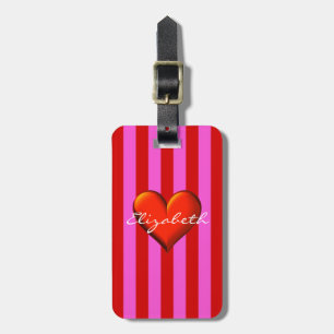 Etiqueta De Bagagem Rosa Quente, Stripes Vermelhas, Monograma Metálic