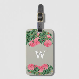 Etiqueta De Bagagem Rosa rosa vintage sobre monograma cinza
