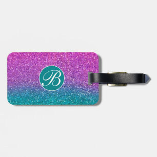 Etiqueta De Bagagem Rosa Teal Água Azul e Glitter Espelhado Roxo