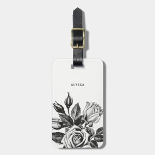 Etiqueta De Bagagem Rosas de chá elegantes do vintage   preto e branc