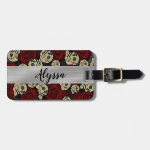 Etiqueta De Bagagem Rosas Vermelhas & Caveiras Cinza Preto Floral Góti