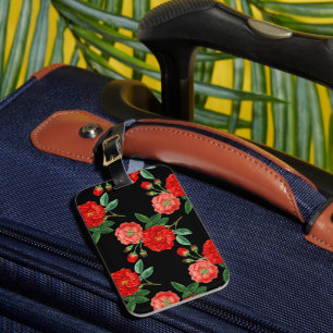 Etiqueta De Bagagem Rosas Vermelhas, Fundo Preto,