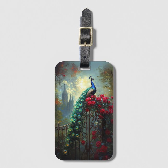 Etiqueta De Bagagem Rosas vermelhas Peacock Dramáticas (Frente Vertical)