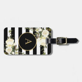 Etiqueta De Bagagem ROSES BRANCOS Dourados Monograma Branco Preto Stri