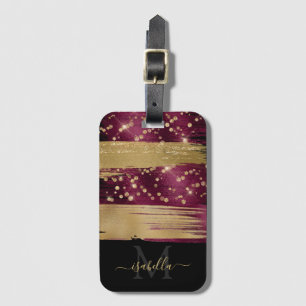 Etiqueta De Bagagem Roteiro Glitter Dourado Burgundy Girly Fun Monogra