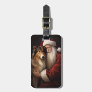 Etiqueta De Bagagem Rough Collie com Papai Noel Natal Festivo