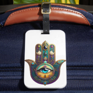 Etiqueta De Bagagem Roxo Dourado Verde Água Hamsa c/ Terceiro Olho Tur