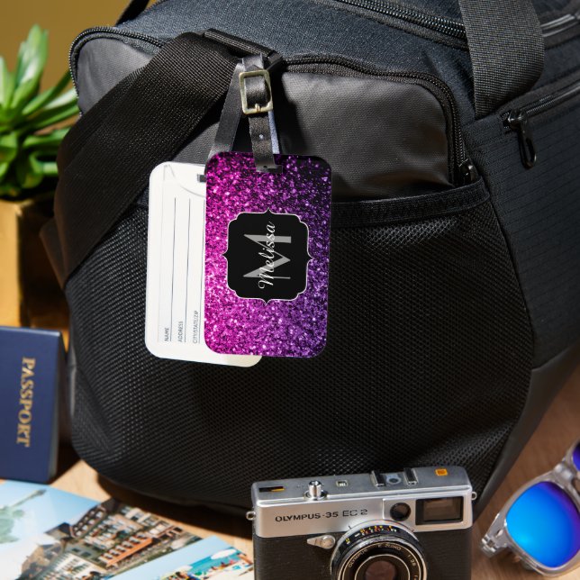 Etiqueta De Bagagem Roxo Pink Ombre faux glitks Monograma (Frente e Verso)