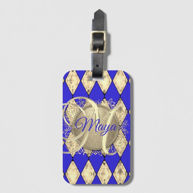 Etiqueta De Bagagem Royal Blue e Dourado Glam Monograma (Frente Vertical)
