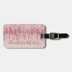 Etiqueta De Bagagem Rubor Glam Rosa Dourado Rosa Brilho Gotas Nome