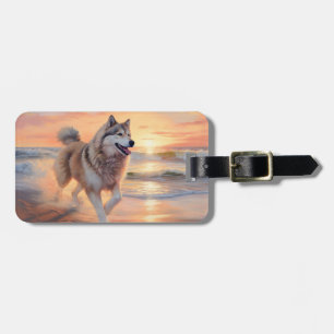 Etiqueta De Bagagem Sandy Paws Alaskan Malamute Dog em Beach Sunset